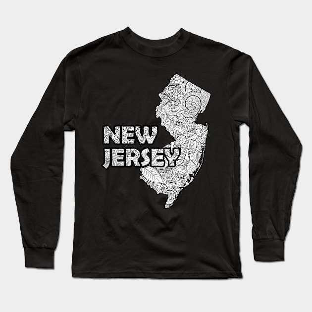 Mandala art map of New Jersey with text in white Long Sleeve T-Shirt by Happy Citizen